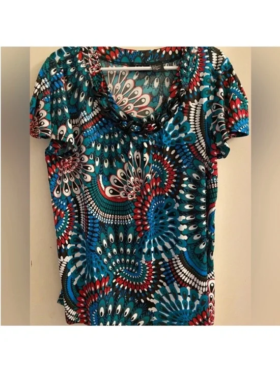 Floral-Print Cowl Neck Women’s Top - Teal, Red & Blue- Sz Large - Picture 1 of 4